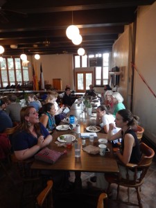 Retreating writers all together in the dining hall.